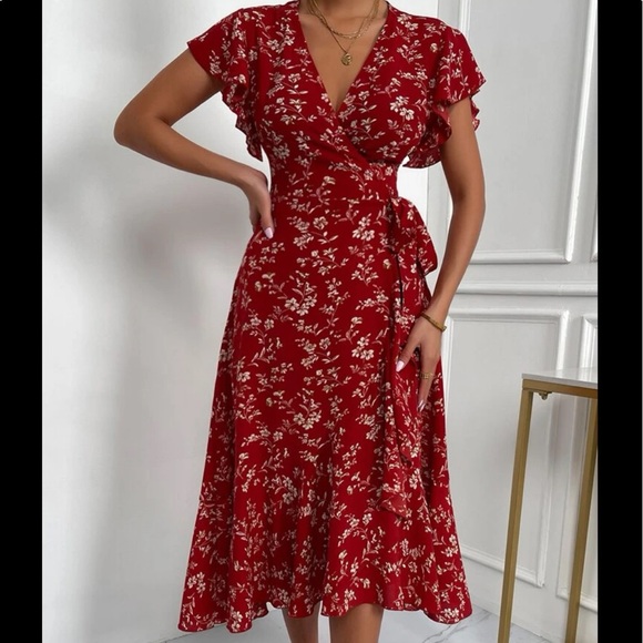 Boho Floral Print Butterfly Sleeve Dress Mustard Yellow - Picture 11 of 13